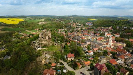Aerial shot captures the medieval Bolkow Castle in Lower Silesia, Poland.