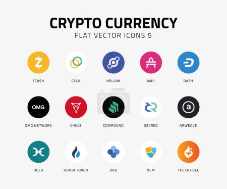 Téléchargez les illustrations : Crypto icônes vectorielles de monnaie plat 5 - en licence libre de droit