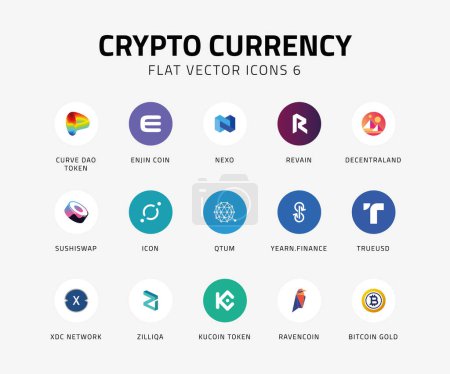 Téléchargez les illustrations : Crypto icônes vectorielles de monnaie plat 6 - en licence libre de droit