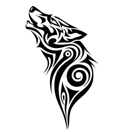 Téléchargez les illustrations : Tatouage de loup tribal qui intègre des éléments de force et de grâce illustration vectorielle en noir et blanc - en licence libre de droit
