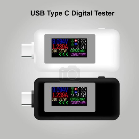 Ilustración de Probador USB, Medidor de voltaje actual Tiempo Amperímetro Monitor digital Cortar Indicador de energía Banco Cargador vector ilustración - Imagen libre de derechos