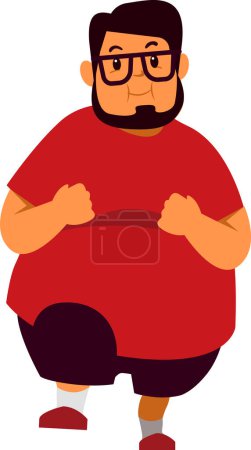 Illustration for Adult Fat Beard Man With Brown Glasses Wearing Red Shirt and Black Pant Doing Exercise - Royalty Free Image