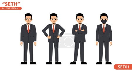 Illustration for Seth Business Man Wearing A Hygienic Mask, Crossed Arms, Akimbo Front Pose Standing Character Design Set - Royalty Free Image