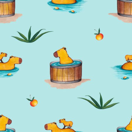 Téléchargez les photos : Modèle sans couture avec Capybaras nager dans la piscine et prendre un bain entouré de plantes et de fruits sur un fond bleu. Papier peint avec Capybara. Ornement avec rongeurs pour papier et textile - en image libre de droit