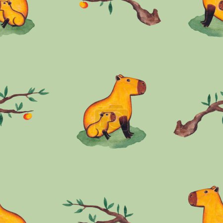 Téléchargez les photos : Modèle sans couture avec un Capybara assis sur l'herbe avec un bébé sous les branches avec des oranges sur un fond vert. Papier peint avec Capybara. Ornement avec rongeurs pour papier et textiles. Faune - en image libre de droit