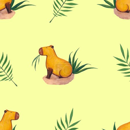 Téléchargez les photos : Modèle sans couture avec Capybaras dessin animé mignon assis dans les buissons et mâcher de l'herbe sur un fond jaune. Papier peint avec des rongeurs. Contexte avec capybara - en image libre de droit