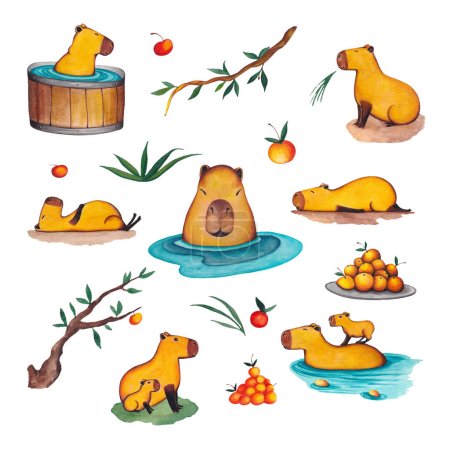 Téléchargez les photos : Ensemble avec Capybaras, fruits et plantes. Clipart avec Capybara dessin animé mignon. Des rongeurs. Animaux sauvages dans différentes Poses. Illustration de caractère - en image libre de droit