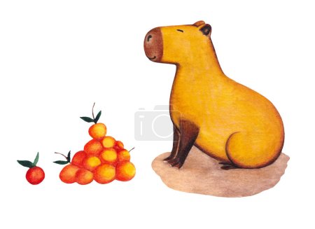 Téléchargez les photos : Satisfait Capybara est assis devant un tas d'oranges. Dessin animé animal mignon. Un rongeur. Images lumineuses d'animaux sauvages - en image libre de droit
