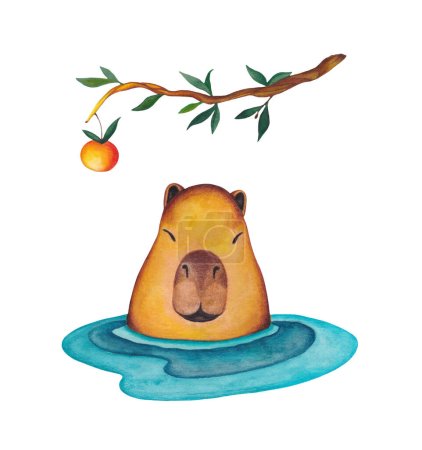 An illustration of a Capybara in the Water with an Orange hanging from a branch above her head. Cute cartoon Animal. Image of wild animals. Rodent