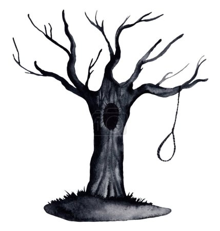 Téléchargez les photos : Image aquarelle d'un arbre noir effrayant avec une potence. Illustration Halloween. Imprimer pour Papier et Textile. Élément de conception. Image pour Scrapbooking - en image libre de droit