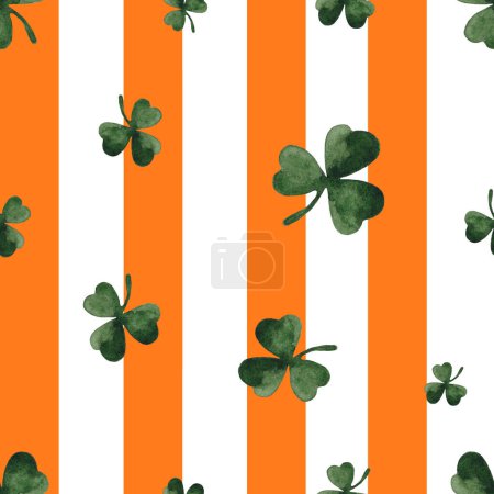 Photo for Seamless Pattern with Shamrocks on Orange and White Striped Background. Wallpaper with Watercolor Trefoil. Irish Clover Print for Paper and Textile - Royalty Free Image