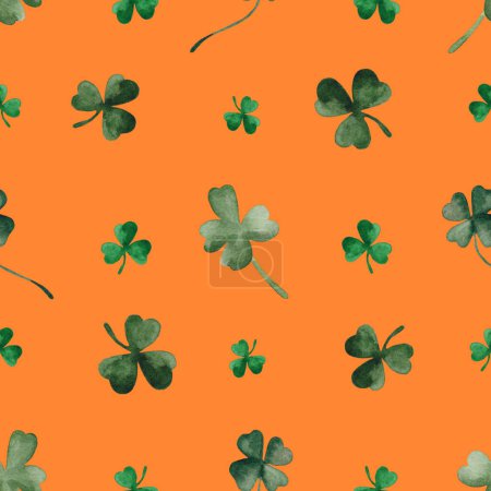 Photo for Seamless Pattern with Irish Shamrock on an Orange Background. Wallpaper with Three Leaf and Four Leaf Clover. Print with Symbols of Ireland for Paper and Textile - Royalty Free Image