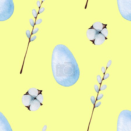 Seamless Easter Pattern with Blue Eggs and Cotton Flowers with Pussy Willow on a Yellow Background. Holiday Spring Wallpapers. Print For Paper and Textile. Wrapping Paper.