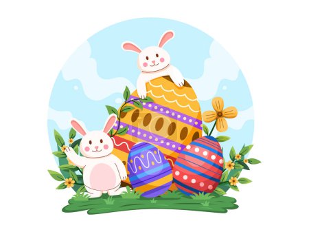 Ilustración de Una ilustración del Día de Pascua con una vibrante colección de huevos decorados, rodeados de adorables conejitos y flores florecientes de primavera. Adecuado para tarjeta de felicitación, postal, proyecto personal, web - Imagen libre de derechos