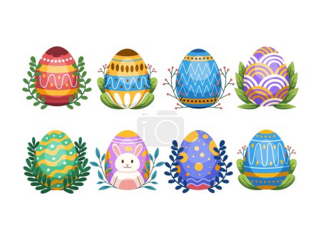 Illustration for Illustration of a collection of Easter eggs in various colors and patterns, each with their own unique motif. Perfect for Easter-themed projects, decorations, postcard, or greeting cards. - Royalty Free Image