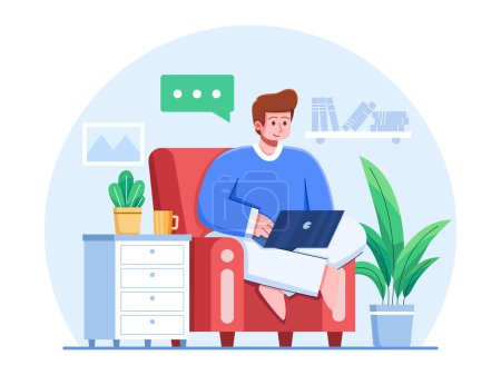 Illustration for Young man sitting in a chair and working with laptop vector illustration design - Royalty Free Image