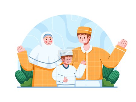 Ilustración de Ilustración vectorial de la familia islámica vestida con atuendo islámico tradicional, incluyendo al padre, la madre y sus hijos. Familia musulmana feliz. Perfecto para proyectos relacionados con la familia, la cultura, la religión - Imagen libre de derechos