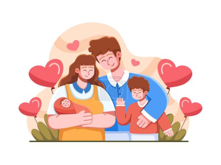 Illustration for A vector illustration of a loving family of four, with a father, mother, son, and baby. The mother is holding the baby while the father embraces his wife and son. Perfect for card, web, banner, etc - Royalty Free Image