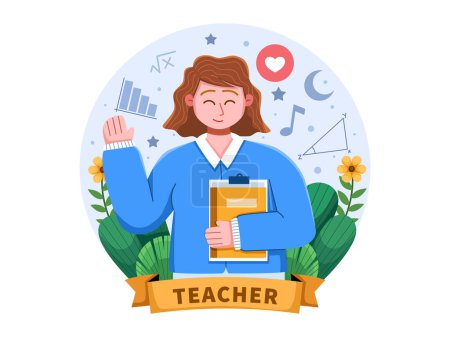 Illustration for Vector illustration of a cheerful female teacher in a blue shirt holding a book and raising her hand with a smile and background decorated with floral elements.Perfect for card, web, presentation, etc - Royalty Free Image