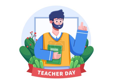 Illustration for Vector illustration celebrates Teacher's Day, featuring a male teacher raising his hand in front of a whiteboard. Perfect for web design, greeting cards, postcards, and more. Happy Teacher's Day. - Royalty Free Image