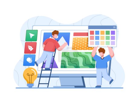 A vector illustration depicting a group of designers working collaboratively around a computer monitor, creating a creative and collaborative work environment. Perfect for web, animation, apps, etc.