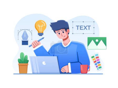 Illustration for Vector Illustration of a designer sitting in front of a laptop and brainstorming creative ideas with surrounded by design elements such as color swatches, pen tool, etc. - Royalty Free Image