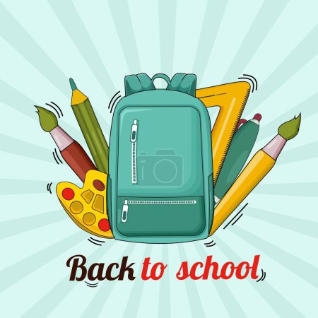 Illustration for Back to school with bag,pencil,ruler,pen,small brush,and tint flat design - Royalty Free Image
