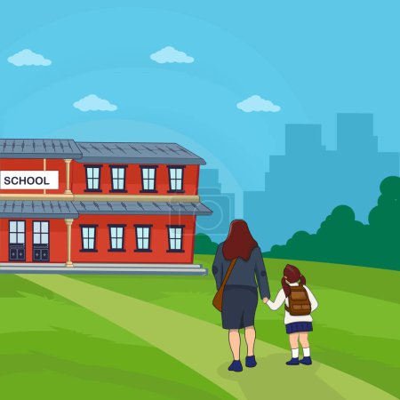 Illustration for Back to school mother deliver her girl son to school flat design. - Royalty Free Image