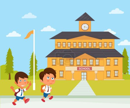 Illustration for Back to school with two children go to school flat design - Royalty Free Image