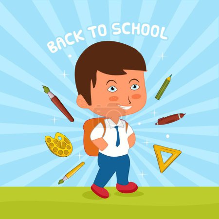 Illustration for Back to school children with his bag,pen,tint,brush, and ruler - Royalty Free Image