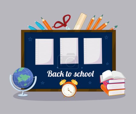 Illustration for Back to school background with blackboard,book,pencil,pen,scissors,ruler,paper flat design. - Royalty Free Image