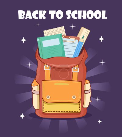 Illustration for Back to school with book and pencil inside of bag flat design - Royalty Free Image