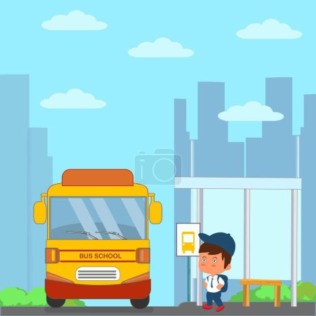Illustration for Back to school student waiting school bus on the stopping place flat design - Royalty Free Image