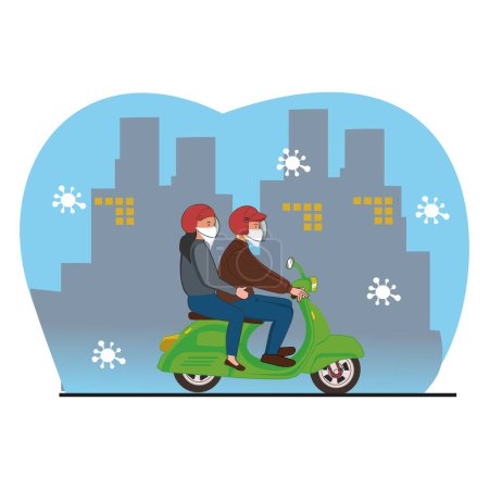 Illustration pour Nouveau transport normal, scooter de voyage dans la conception plate du virus pandémique - image libre de droit