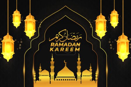 Téléchargez les illustrations : Ramadan kareem islamic fond plat mosquée lanterne or gradient noir - en licence libre de droit