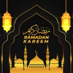 ramadan kareem islamic background flat mosque lantern gold black gradient