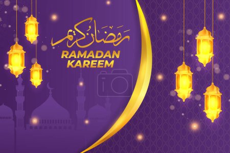 Ilustración de Ramadán kareem ornamento plana mezquita linterna luz oro púrpura - Imagen libre de derechos
