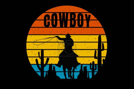 silhouette cowboy cactus stone mount retro style