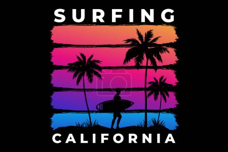 Téléchargez les illustrations : T-shirt surf californie plage coucher de soleil style rétro - en licence libre de droit