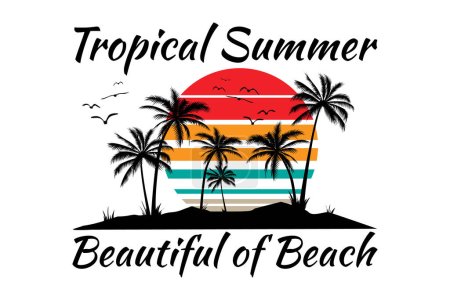 T-shirt design of tropical summer beautiful beach sun retro vintage illustration