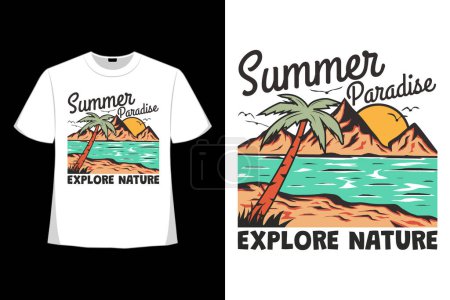 Téléchargez les illustrations : T-shirt paradis d'été explorer la nature plage dessiné à la main style vintage rétro - en licence libre de droit