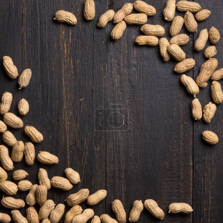 Photo for Unpeeled peanuts scattered on a dark wooden background, also known as groundnut, goober, pindar or monkey nut, taken directly from above with copy space - Royalty Free Image