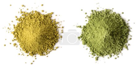 Photo for Pile of dry henna and true indigo powder, lawsonia inermis and indigofera tinctoria, natural herbs isolated on white background, taken from above - Royalty Free Image
