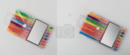 Téléchargez les photos : Paquet de huit stylos colorés, ensemble de couverture de paquet de bille multicolore avec étiquette vide, concept de papeterie scolaire et de bureau, isolé sur fond gris - en image libre de droit