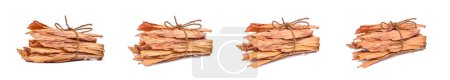 paquete de leña picada, trozos de madera dura atados con una cuerda o un código, aislados en fondo blanco, vista de diferentes ángulos