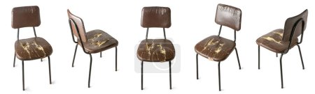 alter beschädigter Stuhl, abgenutztes, kaputtes und verschmutztes Leder in verschiedenen Winkeln, Sammlung gebrauchter Möbel auf weißem Hintergrund