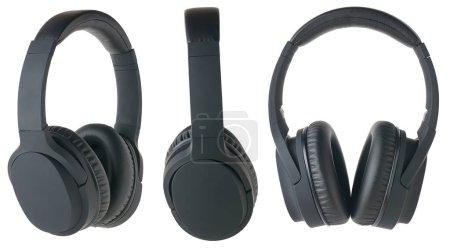 set of black headphones, over-ear wireless audio equipment with noise canceling ear pads or ear cushions isolated on white background and in different angles
