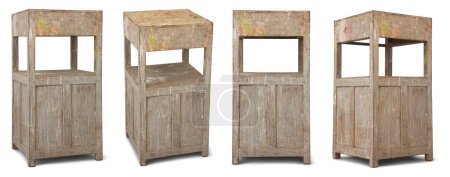 Photo for Set of old and weathered bedside cupboard isolated on white background, interior wooden cabinet or furniture with faded painted surface, mockup template taken in different angles - Royalty Free Image