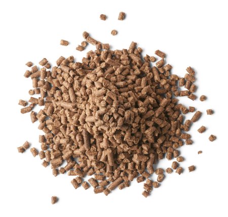 pile of chicken feed pellets, common form of feed used in poultry industry, compressing and shaping mixture of ingredients into small cylindrical pellets, isolated on white background