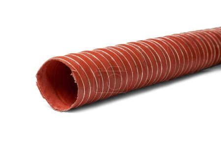 Photo for Close-up of hot, cold air duct or suction hose, light weight high strength, flexible heat cold resistance ventilation hose used in automotive and industrial applications, isolated on white background - Royalty Free Image